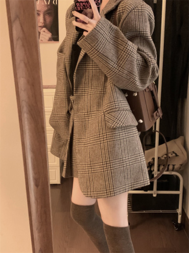 Real shot ~ 2023 Korean college style suit plaid blazer retro high waist pleated skirt one-piece set
