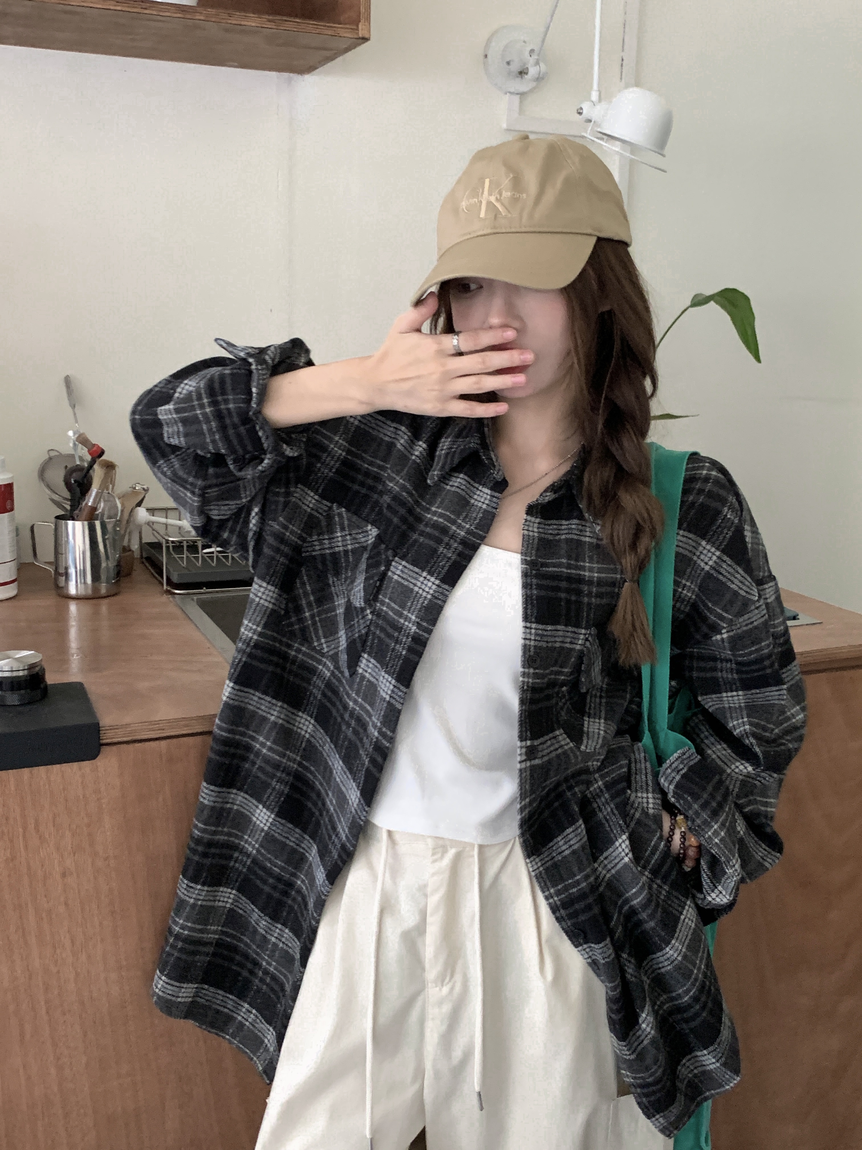 實拍 秋季新款復古慵懶風格紋長袖襯衫寬鬆顯瘦加厚上衣女