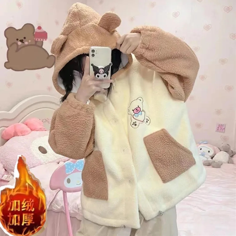 外套女秋冬季新款韓版加絨加厚仿羊羔絨學生可愛小熊寬鬆百搭上衣