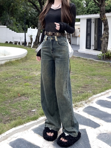 Actual shot #New straight-leg denim trousers for women with design sense washed retro loose wide-leg trousers