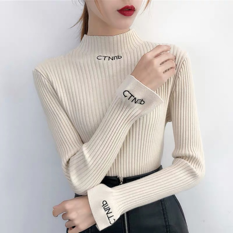 實拍！半高領2023新款女打底衫時尚修身內搭套頭長袖毛衣純色