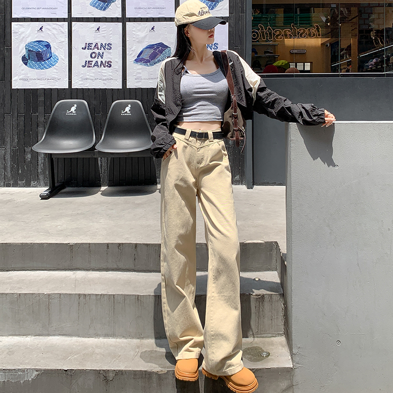 實拍22023新款韓版牛仔褲女高腰寬鬆顯瘦拼接設計
