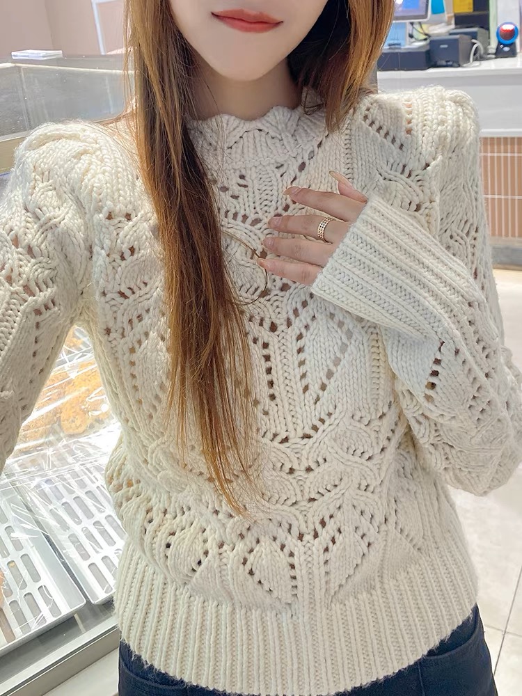 法式小眾打底衫2023春季奶糯溫柔風立體鏤空花邊領針織毛衣女8600