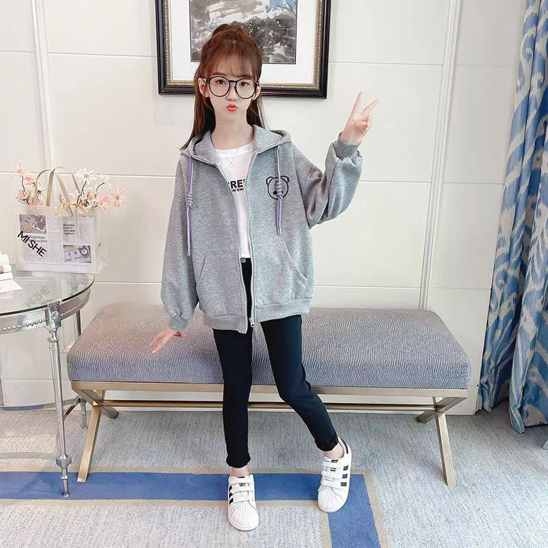女童春裝外套2023新款韓版洋氣卡通小熊連帽上衣春秋兒童開衫衛衣