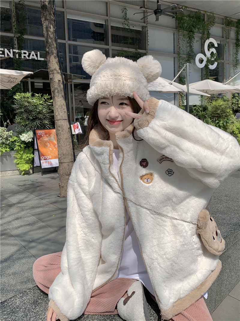 Real shot ~ Embroidered bear soft girl design niche lambswool jacket