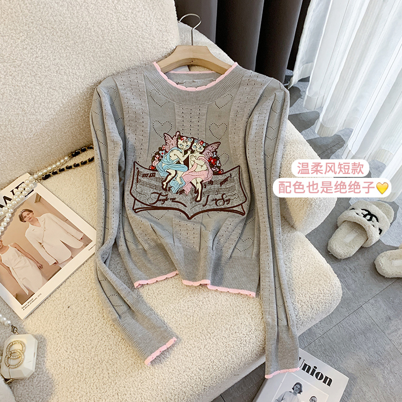 實拍設計感重工刺繡卡通長袖毛衣秋冬新款修身圓領短款針織女上衣