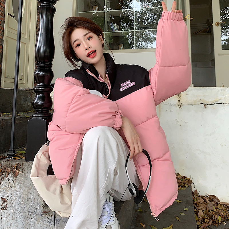 實拍！美式復古國潮拼色短款麵包服情侶棉服冬季立領寬鬆外套