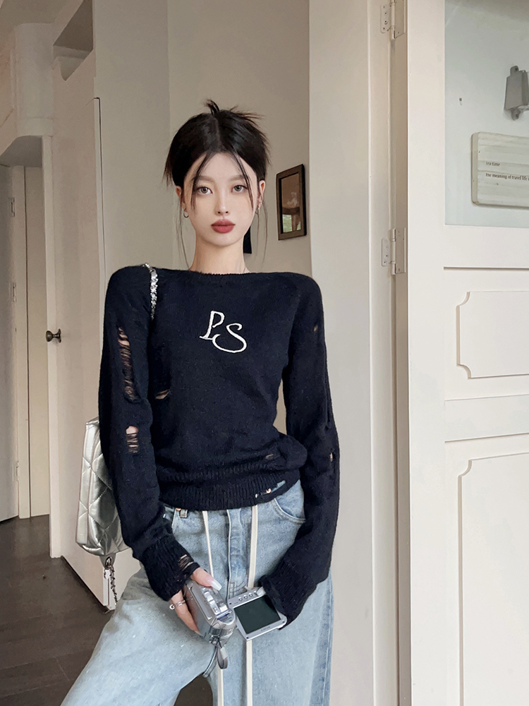 實拍繡花logo破洞針織衫美式復古基礎長袖打底衫秋