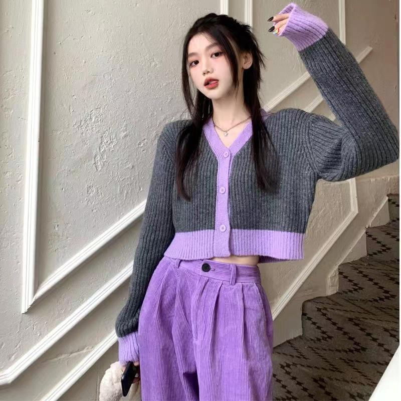 高級感撞色V領慵懶針織開衫毛衣外套女早秋小個子溫柔系穿搭上衣