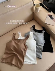 Self-adhesive padded cute girl slimming cross-body strap top 2023 autumn winter new fuzzy spaghetti strap