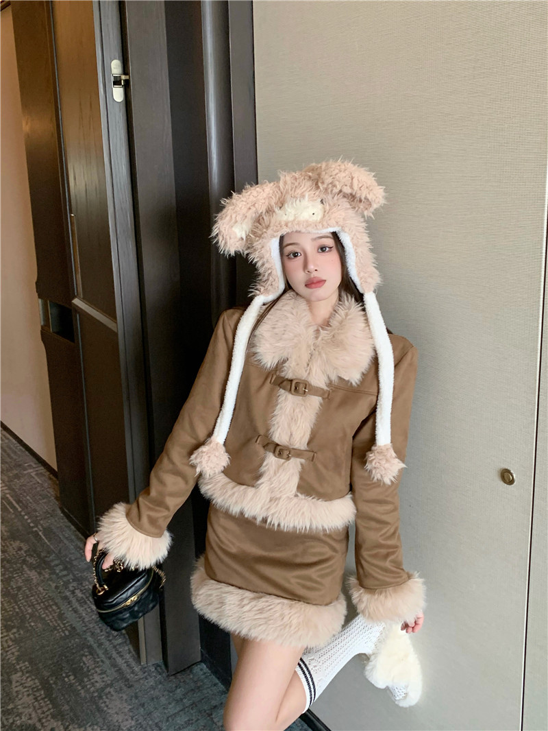 Actual shot~Roasted Chestnuts with Sugar Autumn and Winter New Style Thousand-Gold Style Fur Collar Coffee Colored Jacket and Skirt Suit