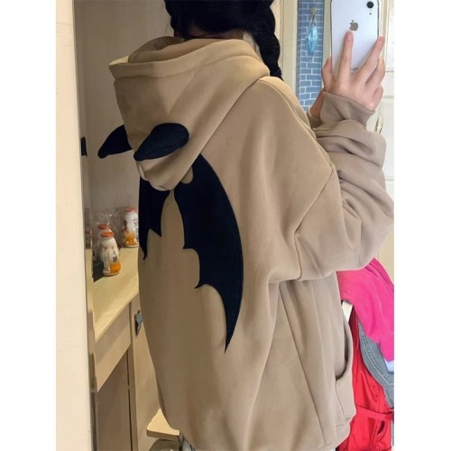 Pure cotton Chinese cotton composite 400g design little devil horn hooded sweatshirt for women plus velvet thickened jacket