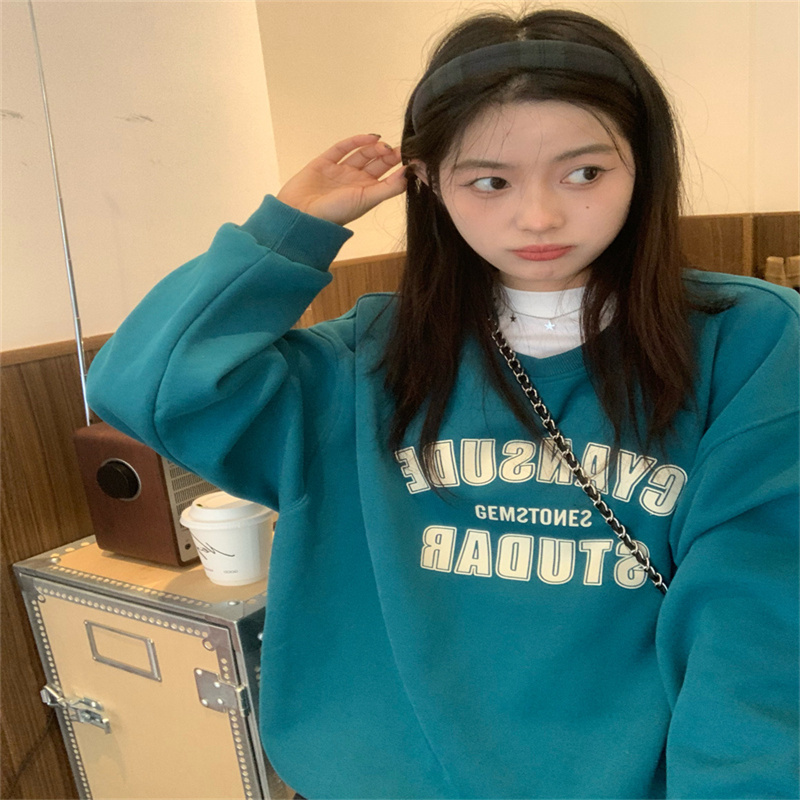 Velvet and thickened American retro lazy style letter print hooded sweatshirt for women autumn and winter new loose outer top