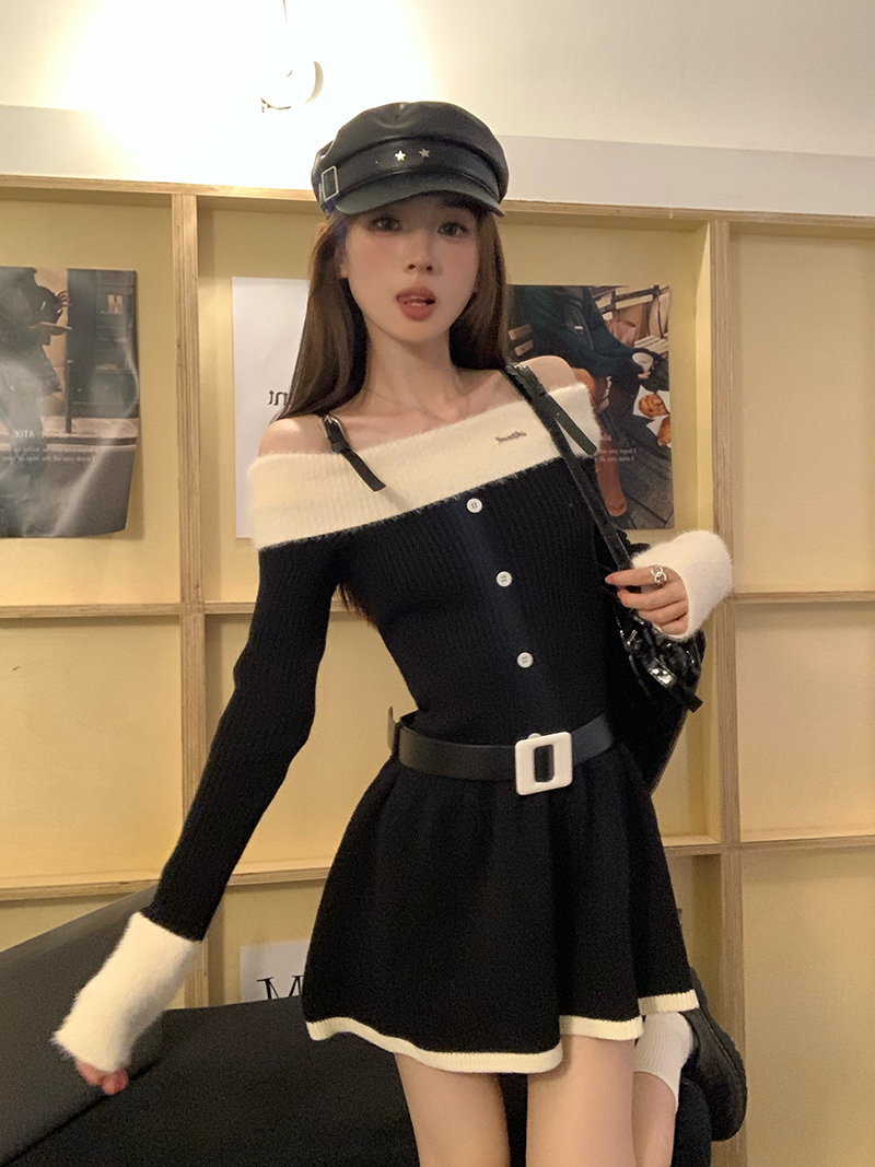 實拍 三標齊 秋季韓版甜美辣妹一字肩長袖氣質連衣裙 送腰帶