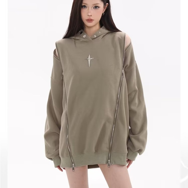 American double zipper hooded sweatshirt for women in autumn high street metallic couple coat niche hollow design hoodie trend