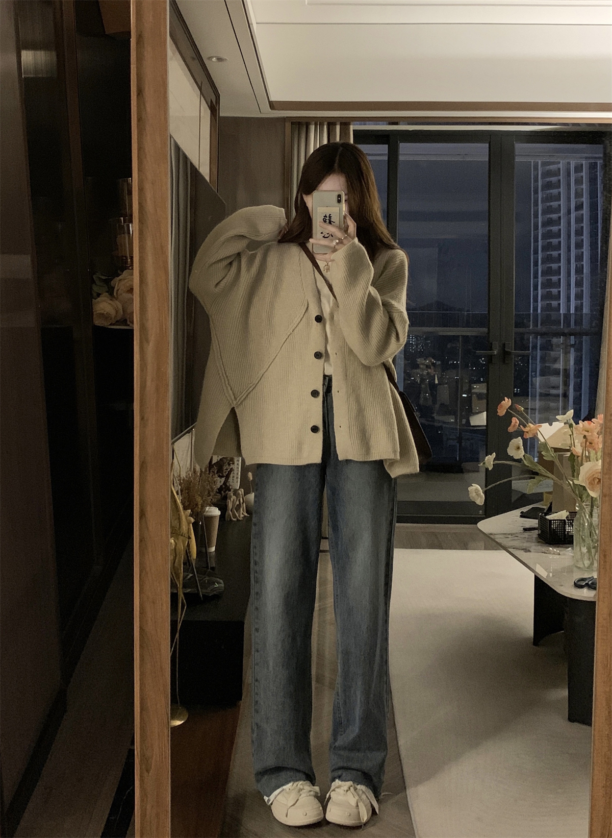 實拍 秋冬韓版寬鬆百搭v領開叉北極絨軟糯開衫針織毛衣外套女