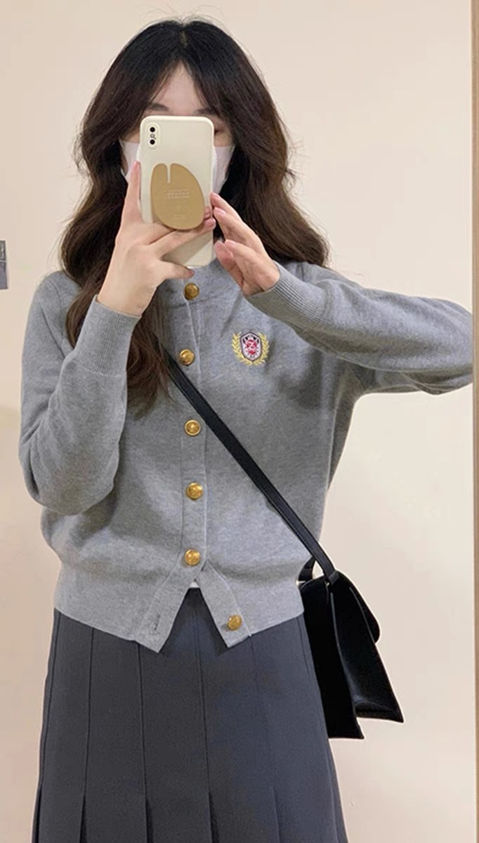 British college style badge embroidered knitted cardigan top for women autumn and winter high-end gray sweater