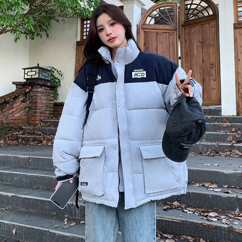 實拍！冬季棉襖日系拼接立領棉服寬鬆休閒麵包服棉衣潮/男女