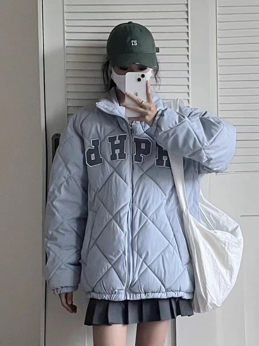 學院風字母刺繡菱格棉服外套女學生冬季新款保暖加厚立領棉服棉襖