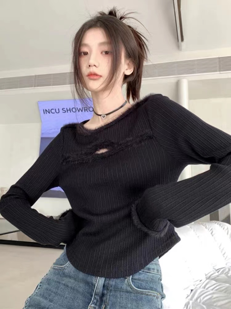 毛邊拼接小心機鏤空打底針織衫女秋冬洋氣內搭修身不規則短款上衣