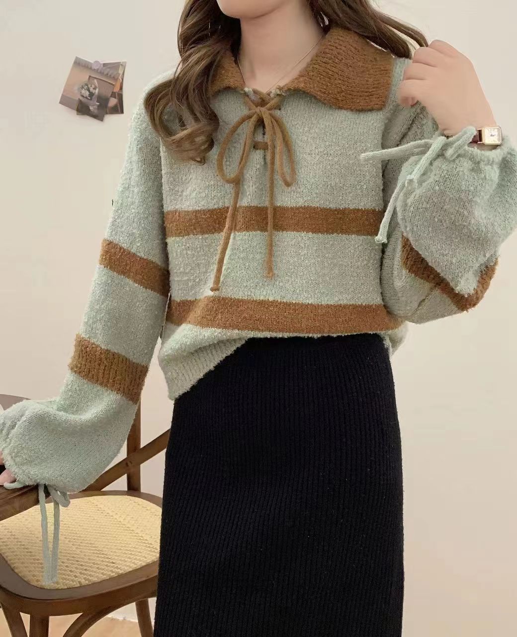 New striped Polo collar lace-up pullover sweater for women in autumn and winter sweet and spicy girly heart color-blocked wool knitted outerwear for women