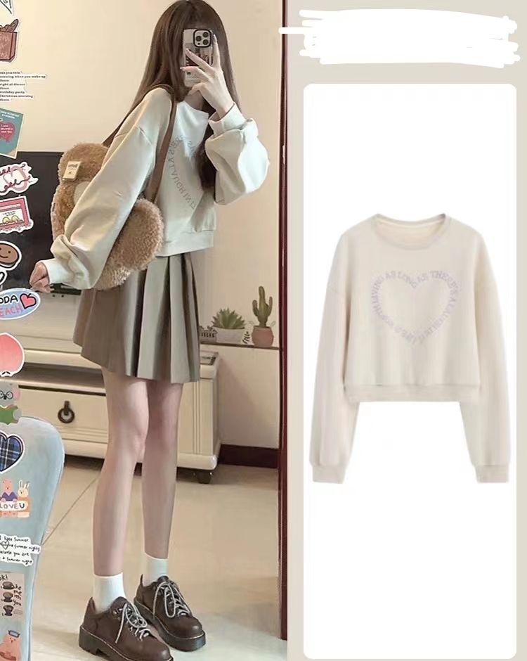 Pure cotton composite petite short sweatshirt women's autumn and winter loose lazy style long-sleeved round neck top