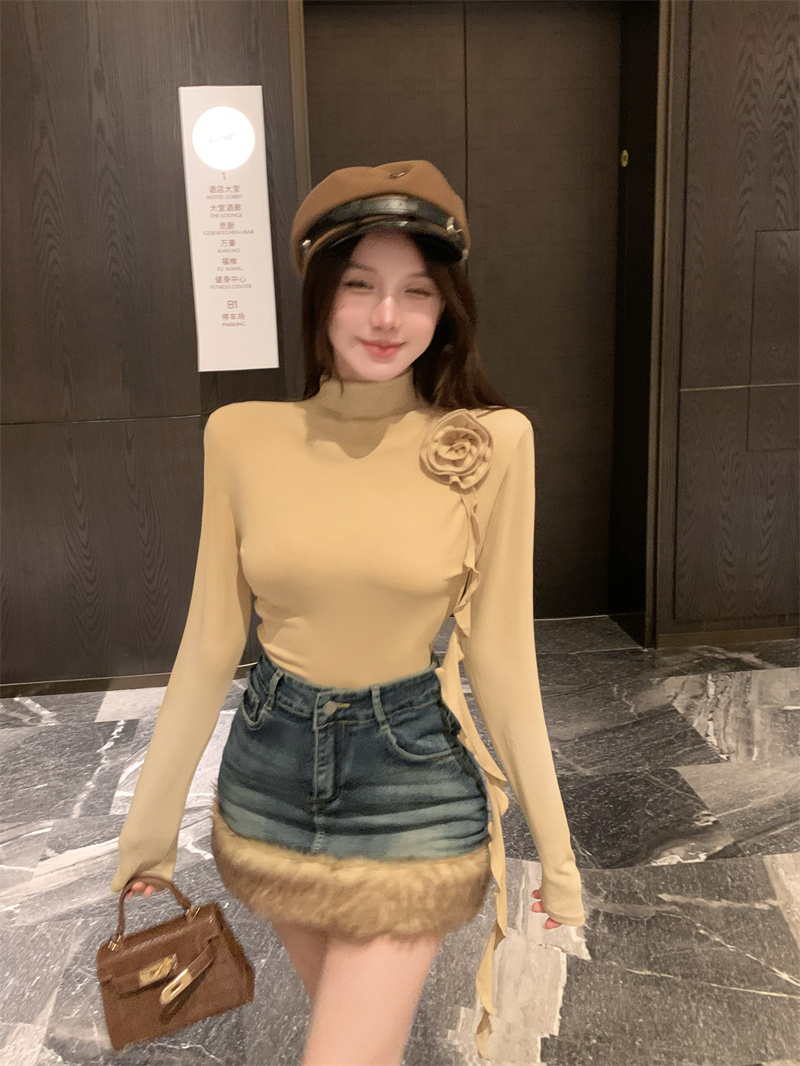 實拍 氣質立領花朵修身長袖打底上衣