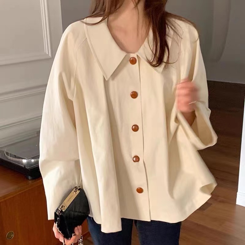 French simple lapel shirt for women 2023 autumn new casual versatile loose shirt apricot age-reducing long-sleeved top