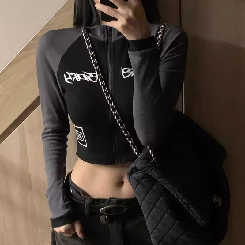 歐美辣妹T恤女ins潮秋季短款撞色拉鏈氣質緊身顯瘦長袖打底衫上衣