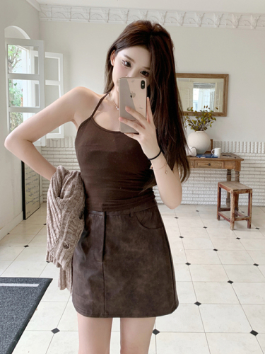 Actual shot of three-piece set with designer hollow woolen top, camisole, high-waisted skirt