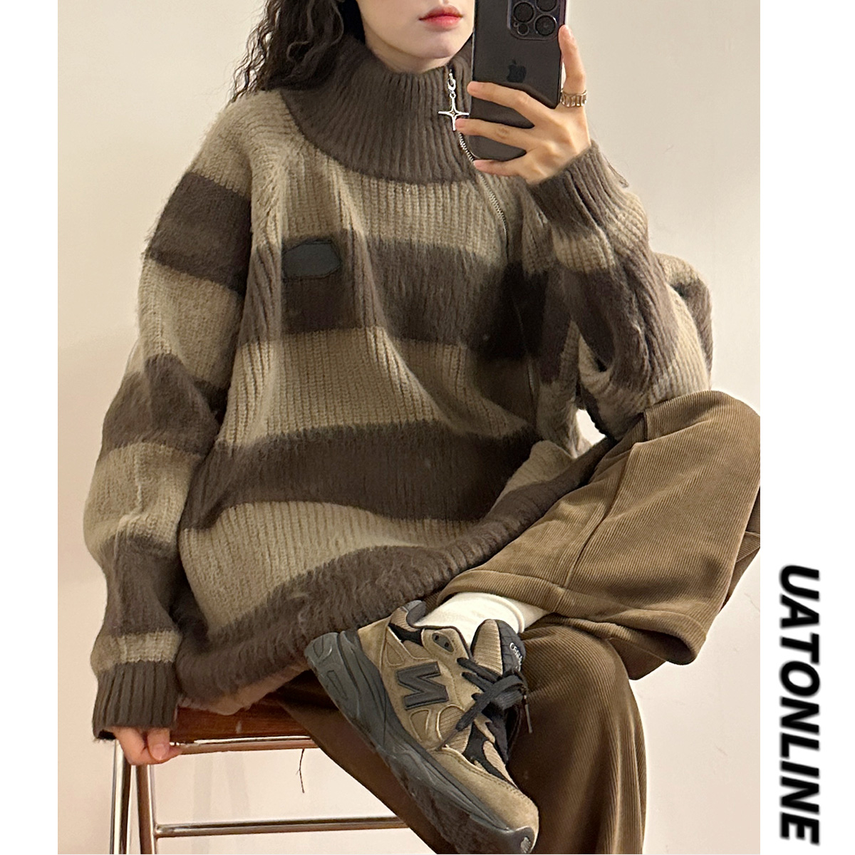 UATONLINE秋冬美式復古寬鬆潮牌不規則拉鏈條紋高領針織衫毛女衣