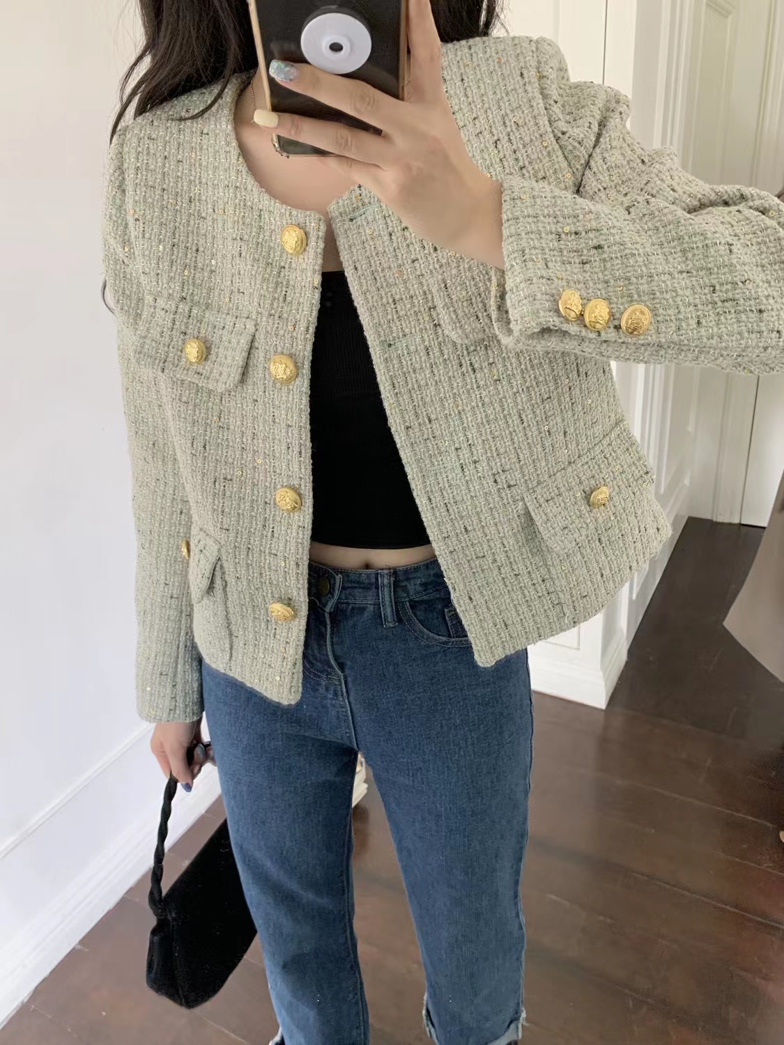 Xiaoxiangfeng short jacket 2023 autumn new style high-end and elegant lady style versatile round neck top for small people