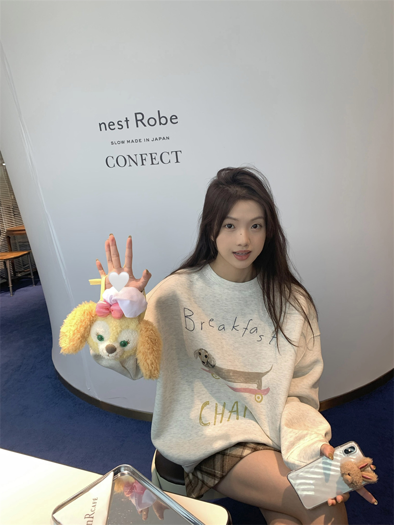 Real shot puppy skateboard print American style pullover lazy style round neck sweatshirt women's top