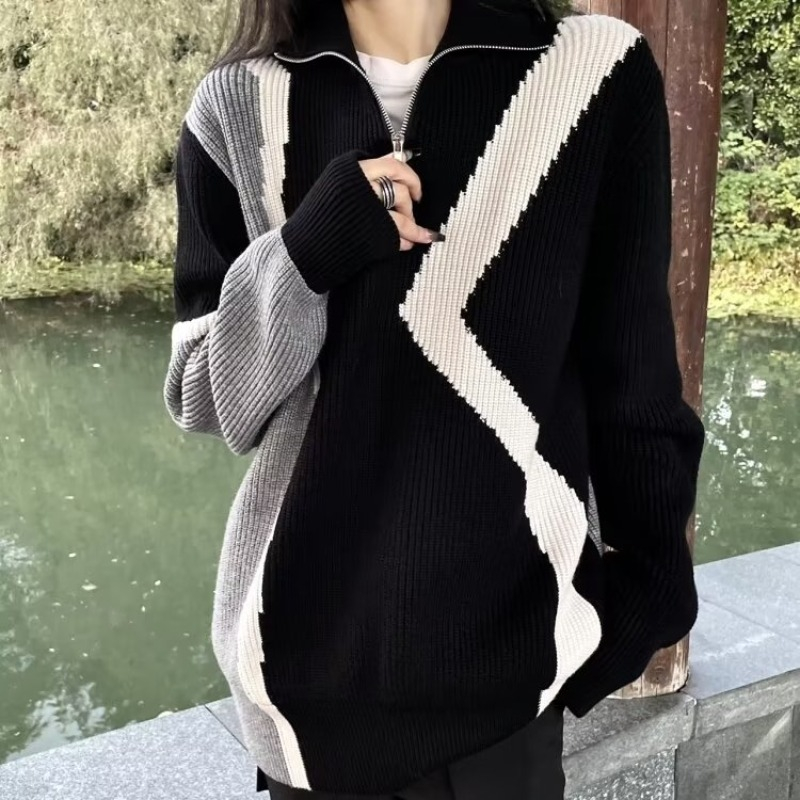 撞色半拉鏈毛衣男女設計感小眾韓系風格穿搭慵懶風針織外套