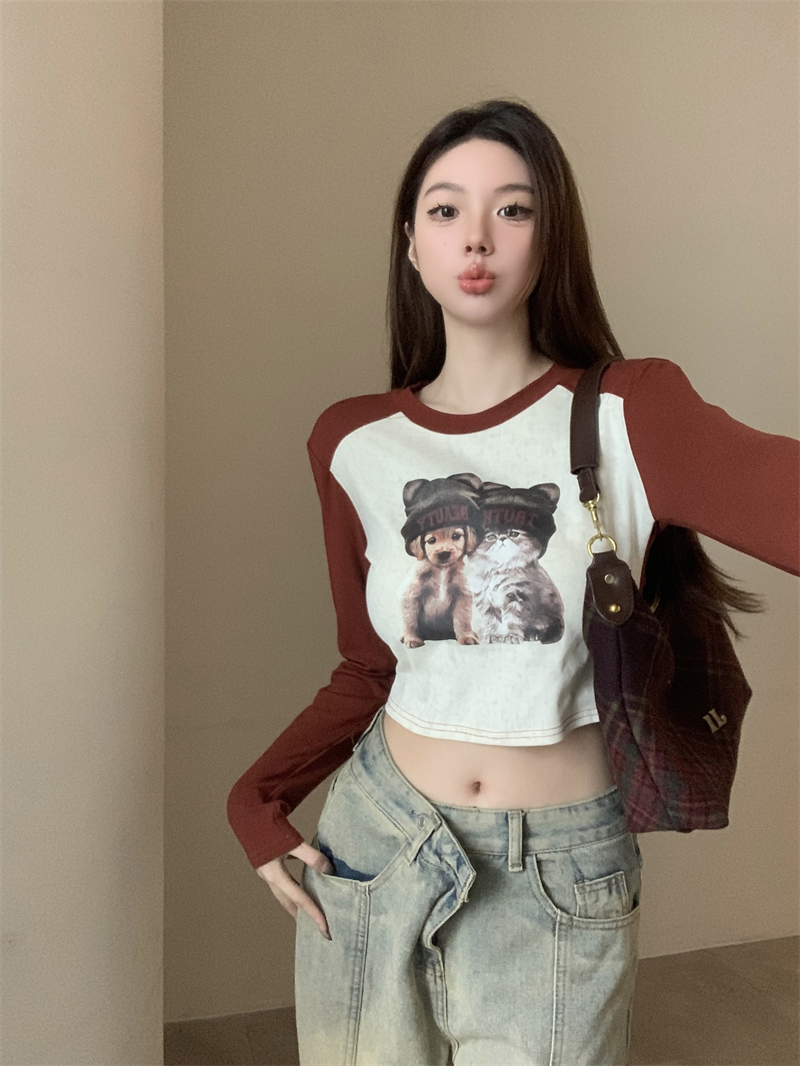 實拍 新款復古卡通印花正肩T恤女修身短款顯瘦辣妹裝上衣
