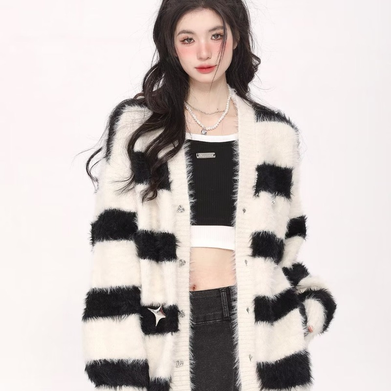2023 Autumn and Winter Fashion Brand Wool Cardigan Sweater Women's Loose Versatile Striped Knitted Top Lazy Style Jacket