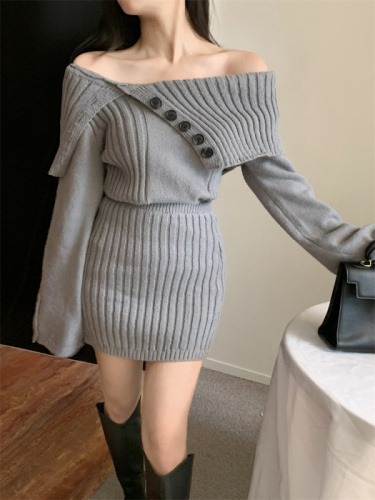 实拍 秋季新款灰色毛衣裙收腰包臀针织裙套装