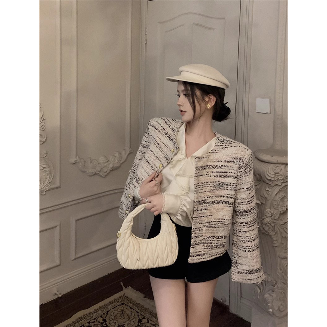 Xiaoxiangfeng tweed short coat women's autumn high-end elegant lady loose short long-sleeved cardigan top