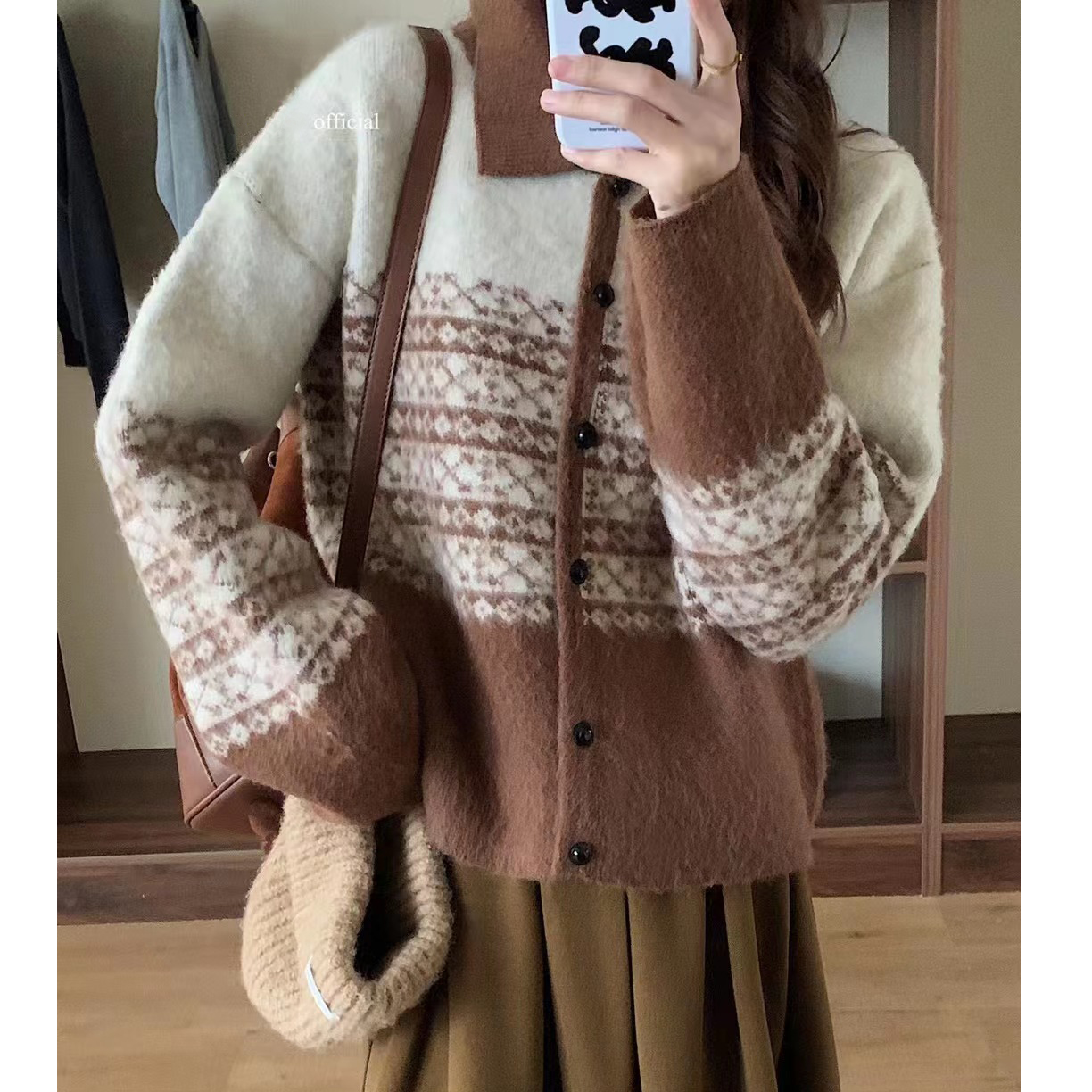 實拍~浣熊翻領單排扣毛衣外套女韓版2023秋冬厚實高密度上衣開衫