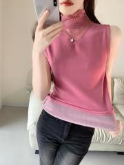 Women's Warm Plaid Collar Lace Patchwork Sweater Top with Fleece Lining - Autumn/Winter Basic Tee - Snap Shot