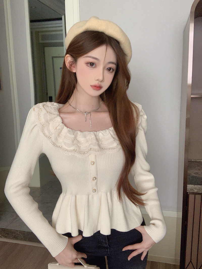 實拍 新款名媛優雅氣質方領蕾絲花邊A字針織衫女裝法式赫本毛衣