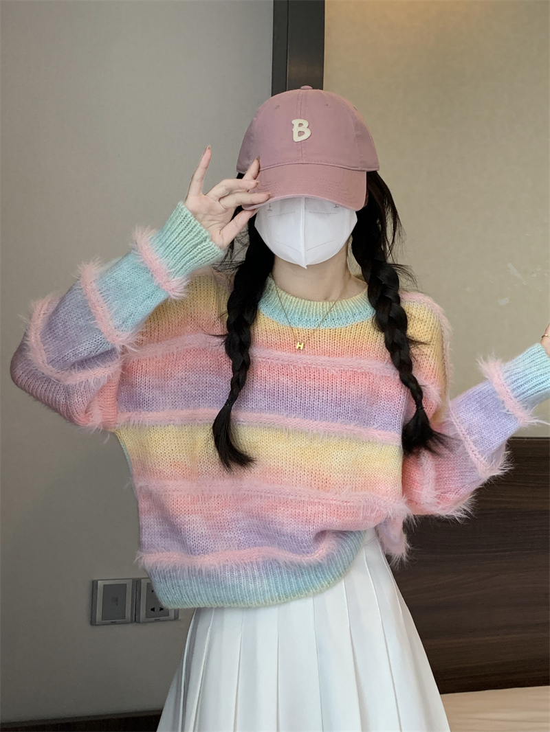 實拍 新款高品質暈染七彩流蘇毛毛簡約寬鬆顯瘦百搭毛衣