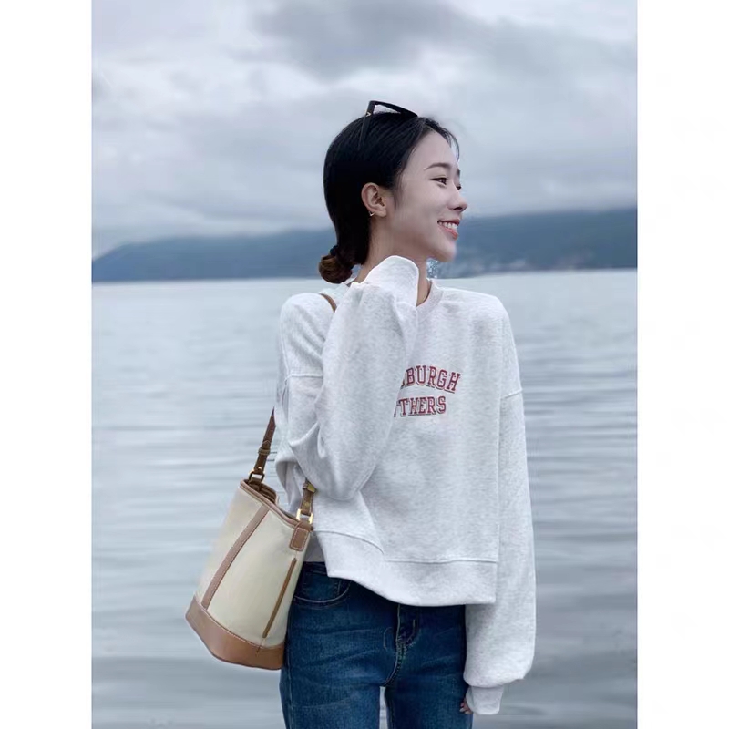 純棉複合 小個子短款衛衣女秋冬裝寬鬆慵懶風長袖圓領上衣