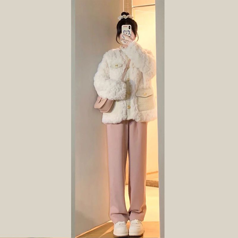 秋冬季小個子加厚羊羔毛外套顯瘦休閒闊腿褲時尚小香風兩件套裝女