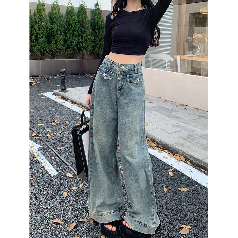 實拍#大碼女裝高腰垂感闊腿牛仔褲女新款復古設計感拖地直筒長褲