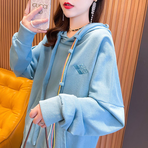 Actual shot of spring and autumn new style loose large size embroidered hooded sweatshirt for women