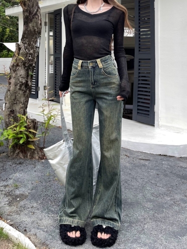 Actual shot #New straight-leg denim trousers for women with design sense washed retro loose wide-leg trousers