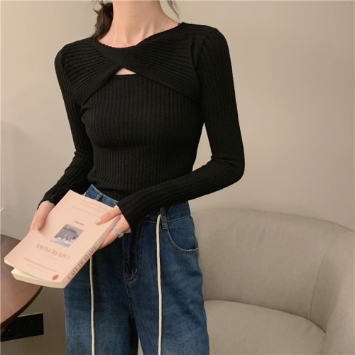 Real shot core-spun yarn cross knitted sweater for women fashionable buttoned long-sleeved top bottoming sweater