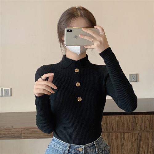 Real shot of core-spun yarn, half-turtleneck sweater for women, fashionable western-style button long-sleeved top, bottoming sweater