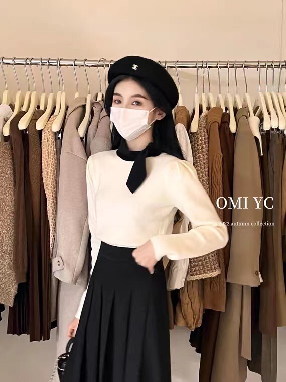 韓范系帶領結套頭拼色溫柔針織衫設計感優雅法式氣質小女人上衣